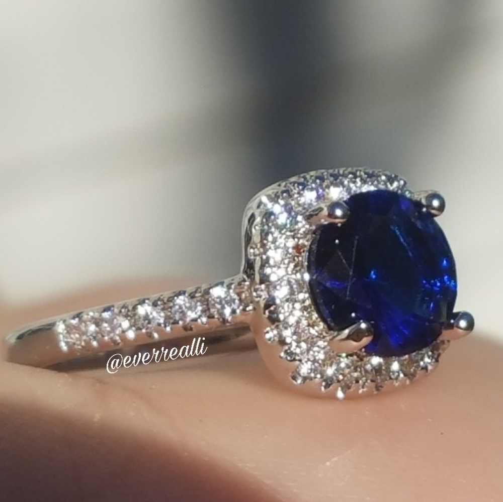 NEW Round Dark Blue Sapphire & Diamond Halo Ring - Picture 5 of 7